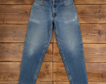 vintage Levis 560 Jeans 31 x 33 années 90 délavé à la pierre fuselé bleu rouge onglet denim