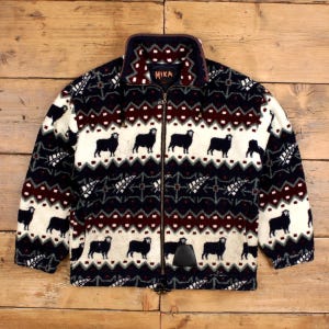 Kurtka polarowa Vintage Mika S damska z lat 90. w kolorze niebieskim z wzorem owcy Nowa Zelandia Zima