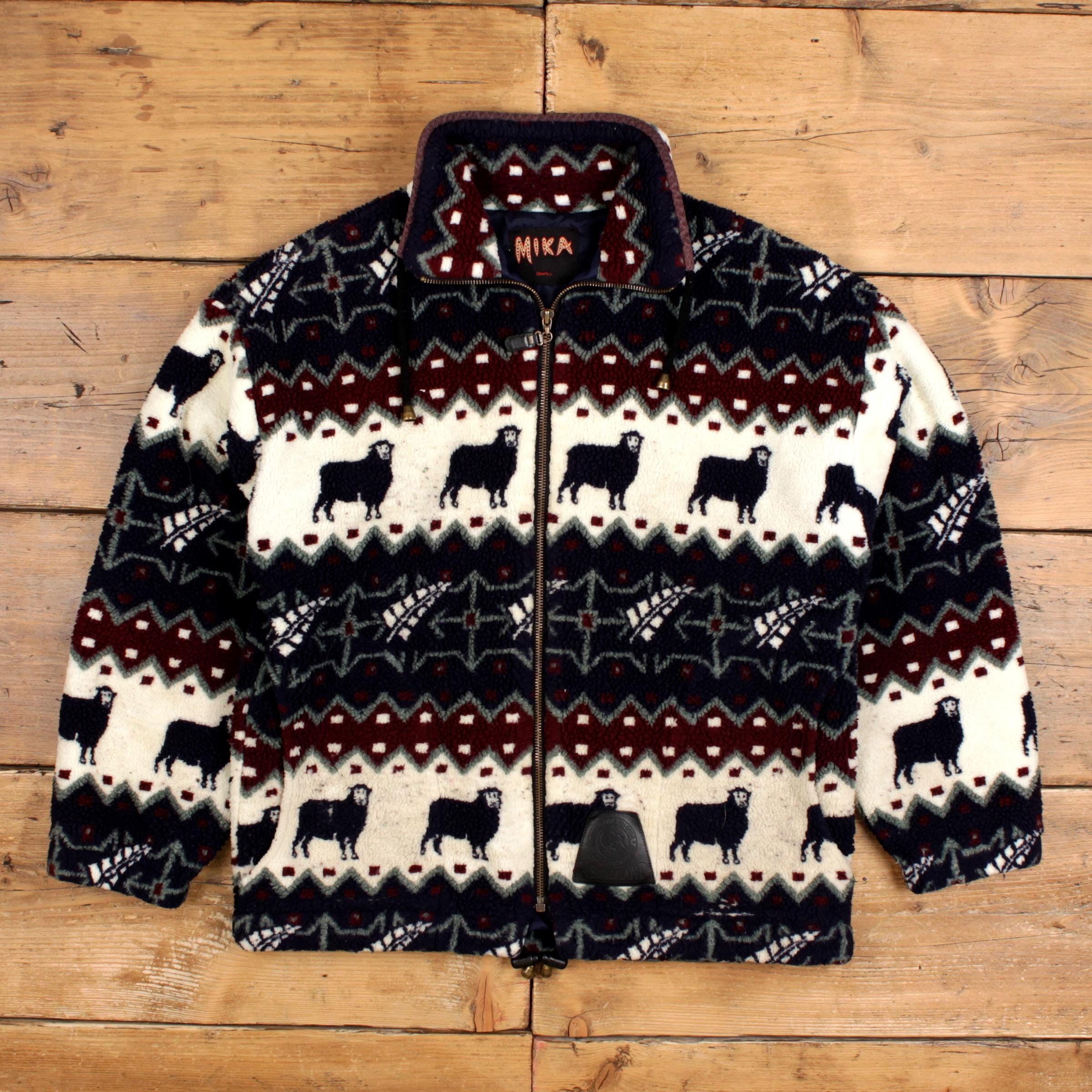 Vintage Mika Fleece Jacket S Womens 90s Blue Sheep Pattern New