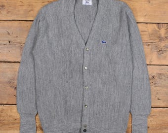 Vintage Izod Lacoste Strickjacke M Herren 80er Jahre V-Ausschnitt Preppy Grau Stricken