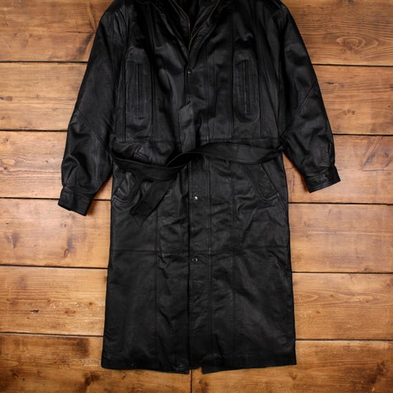Vintage Saxony Leather Coat M Mens 90s Black Jacket Full Zip
