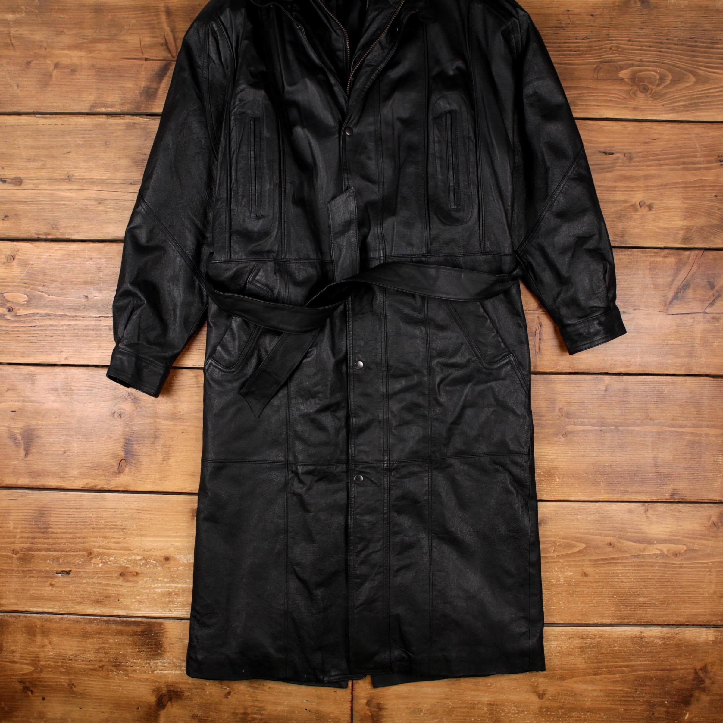Vintage Saxony Leather Coat M Mens 90s Black Jacket Full Zip
