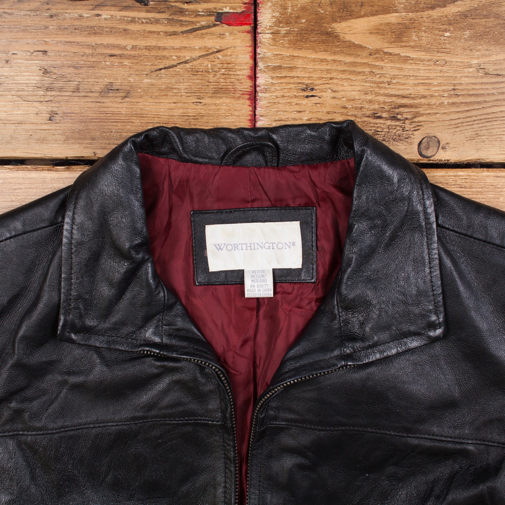 Vintage Worthington Leather Jacket M Petite Coat Black Womens Zip