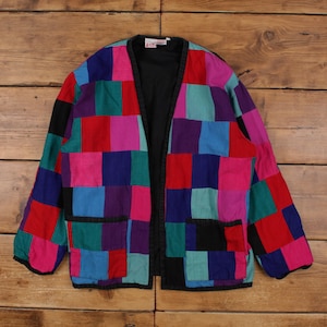 Vintage Big Jaguar Jacka 2XL Dam 80-tals Grön Bomull Patchwork Flerfärgad