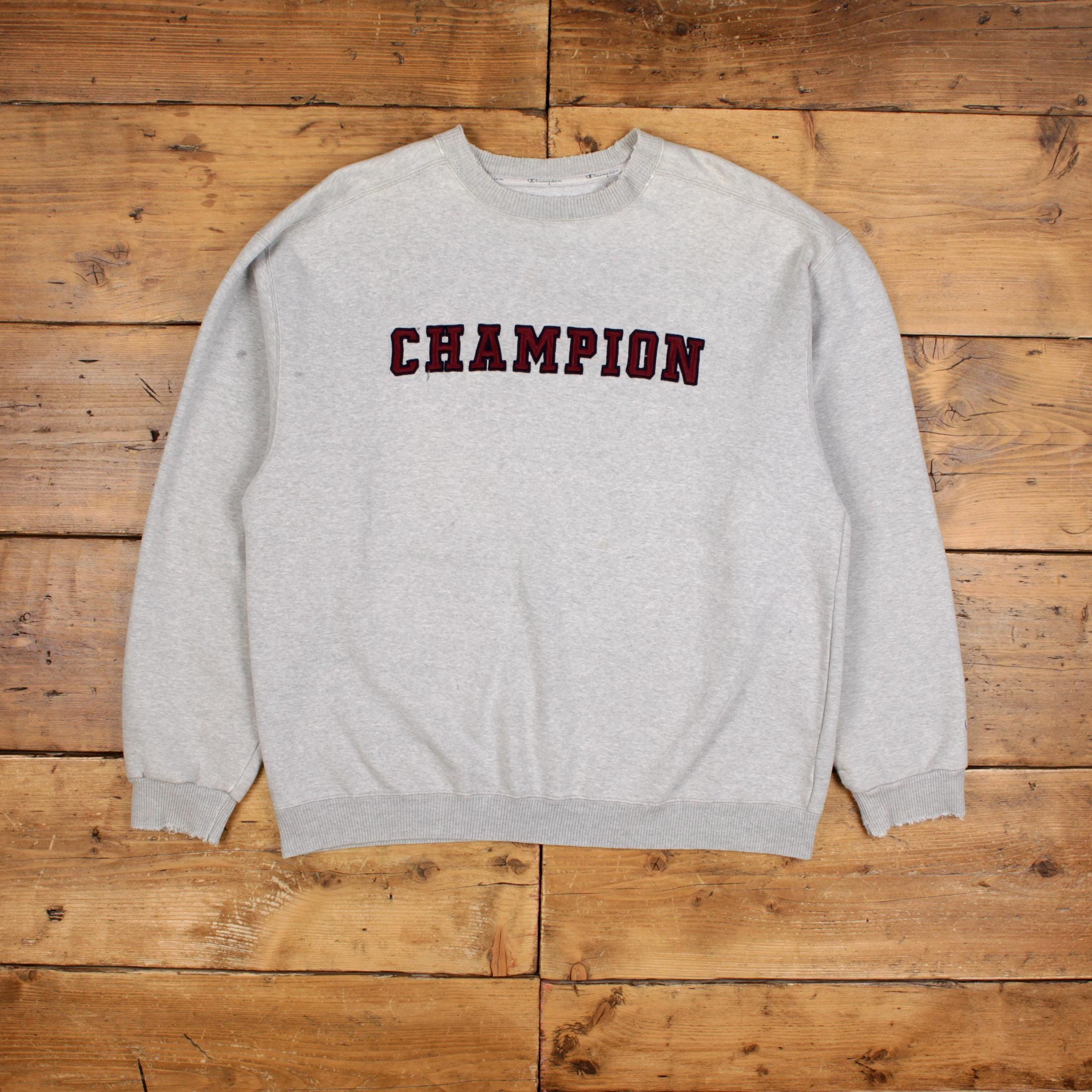 Vintage Champion Spell Out Sweatshirt L 90s Grey Logo Roundneck