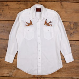 Camisa vaquera vintage Rustler de los años 90, talla M, para hombre, con bordado de golondrinas y estampado vaquero blanco.