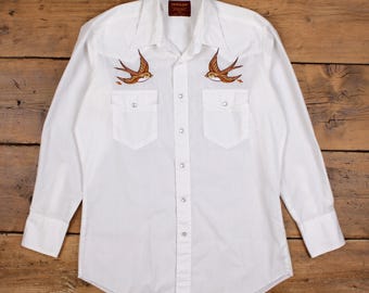 Vintage Rustler Western Snap Shirt M Mens 90s Embroidered Swallows White Cowboy