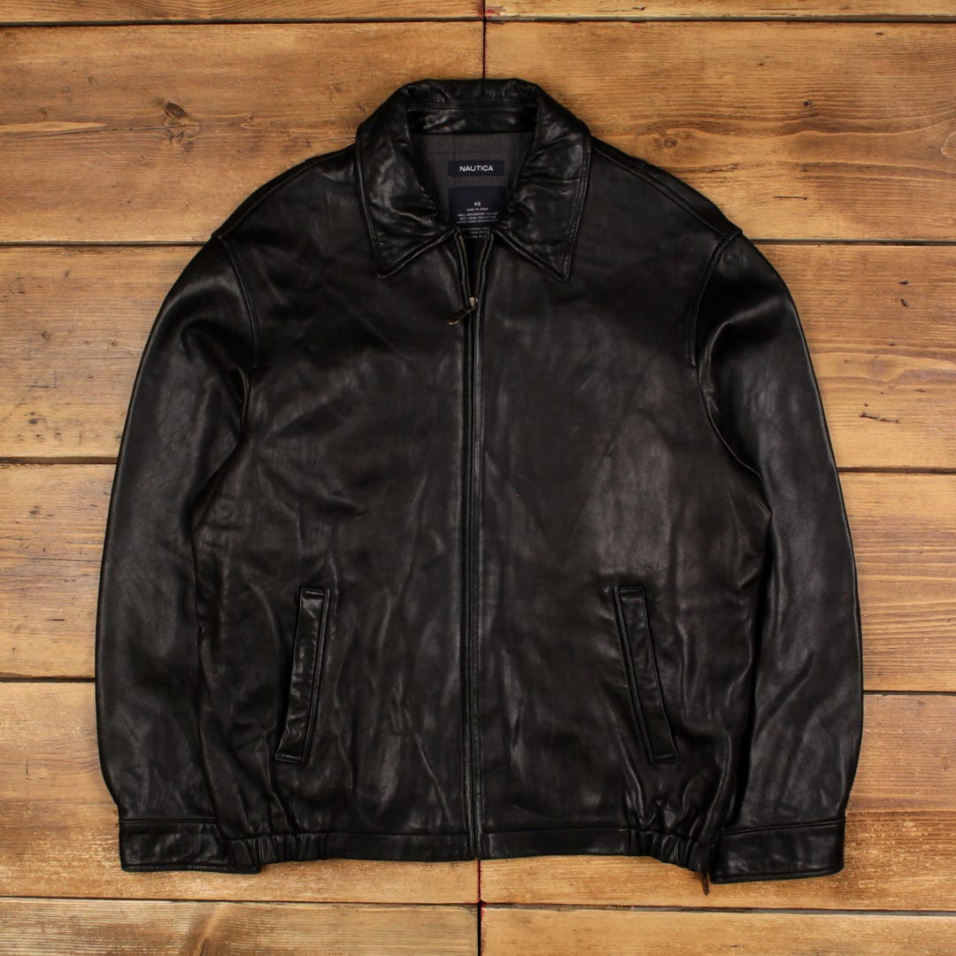 Vintage Nautica Leather Jacket L Car Coat Black - Etsy
