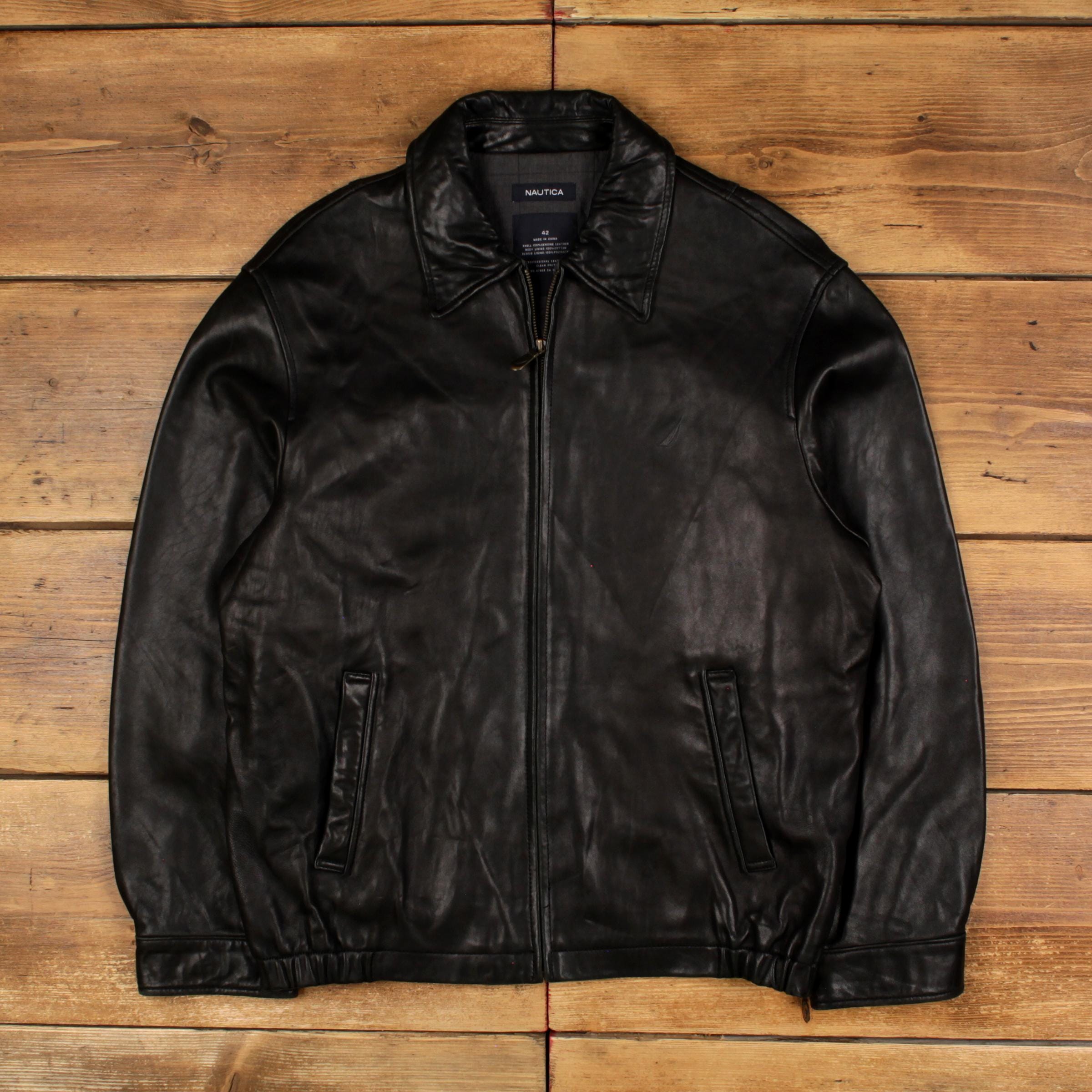 Vintage Nautica Leather Jacket L Car Coat Black - Etsy