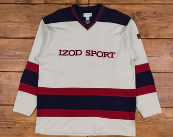 Vintage Izod Spell Out Sweatshirt XL 90s Logo Sport V-Neck Mens Beige Striped