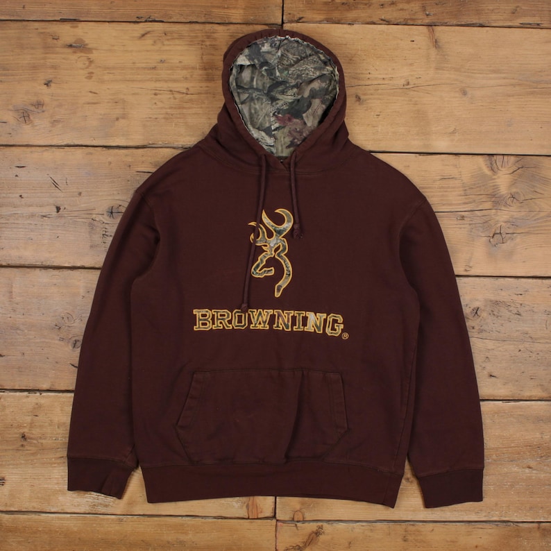Browning Hoodie Sweatshirt M Mens Logo Spellout Realtree Camo Outdoor Brown image 1