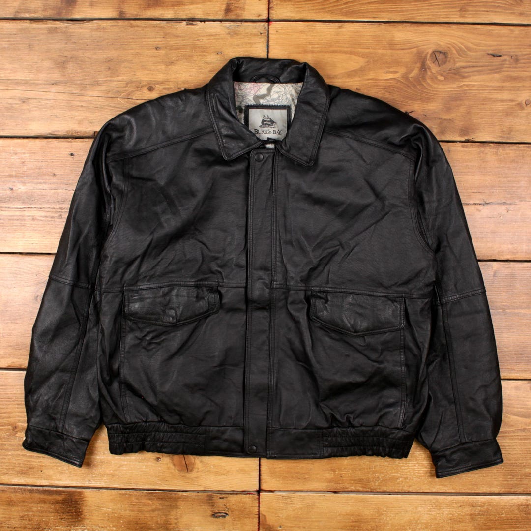 90sオールド！BURK'S BAYレザージャケット2XL Burks Bay Jacket Men XL Black Leather Moto Bomber Zip Pockets