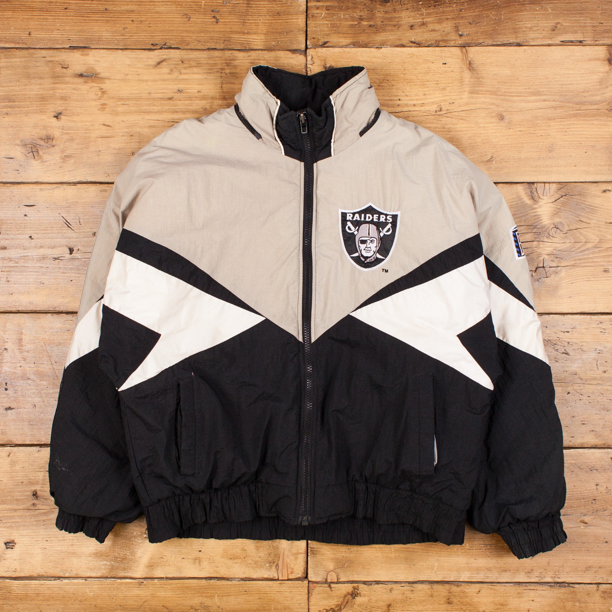 90s Oakland Raiders All Black Button Puffy Jacket - 5 Star Vintage