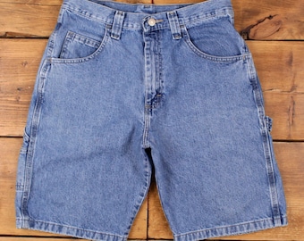 Pantaloncini da lavoro Wrangler Carpenter in denim, taglia 30, blu, con passante per attrezzi, da uomo, anni '00.
