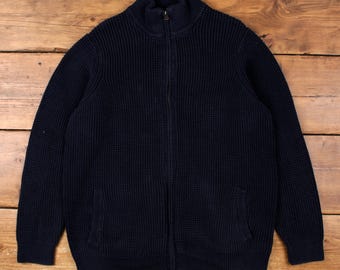 L.L. Bean Zip Cardigan XL Tall Mens Cotton Chunky High Neck Navy Blue Knit