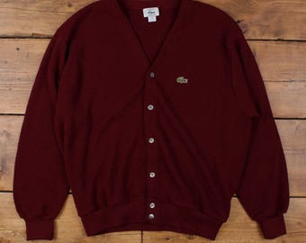 Vintage IZOD Lacoste Cardigan XL Mens 80s Acrylic V-neck USA Made Red Knit