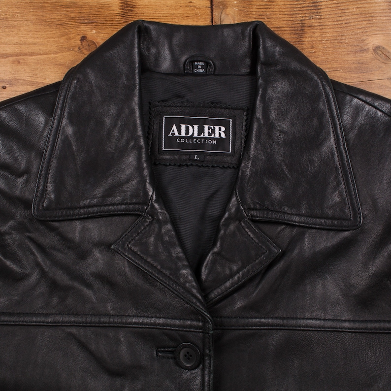 Vintage Adler Leather Jacket L Mob Blazer Car Coat Black Womens Button image 4