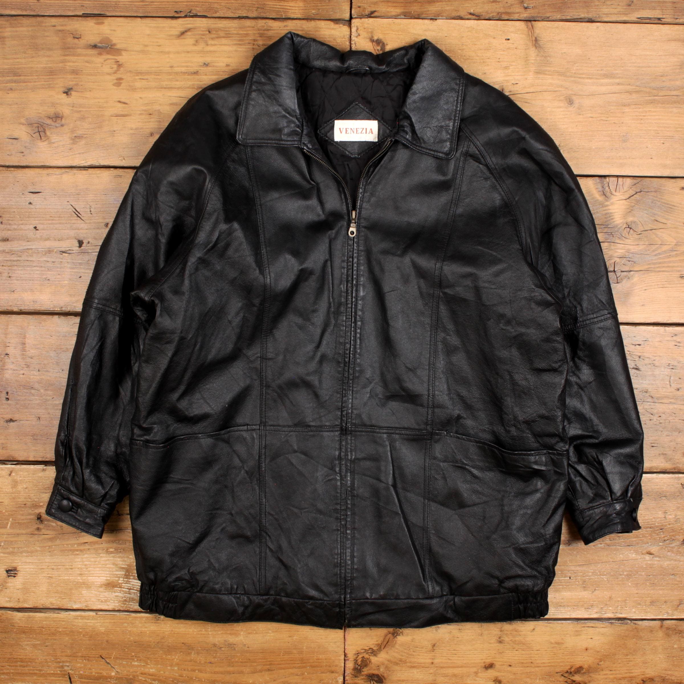 Vintage Venezia Leather Jacket XL 90s Over Coat Black - Etsy
