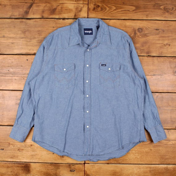 Vintage Wrangler Western Shirt Snap 2XL 90s Chambray Denim Mens