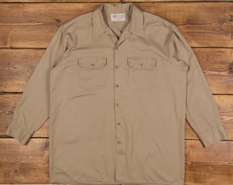 Vintage Dickies Workwear Shirt Button XL Mens Long Sleeve Beige Solid