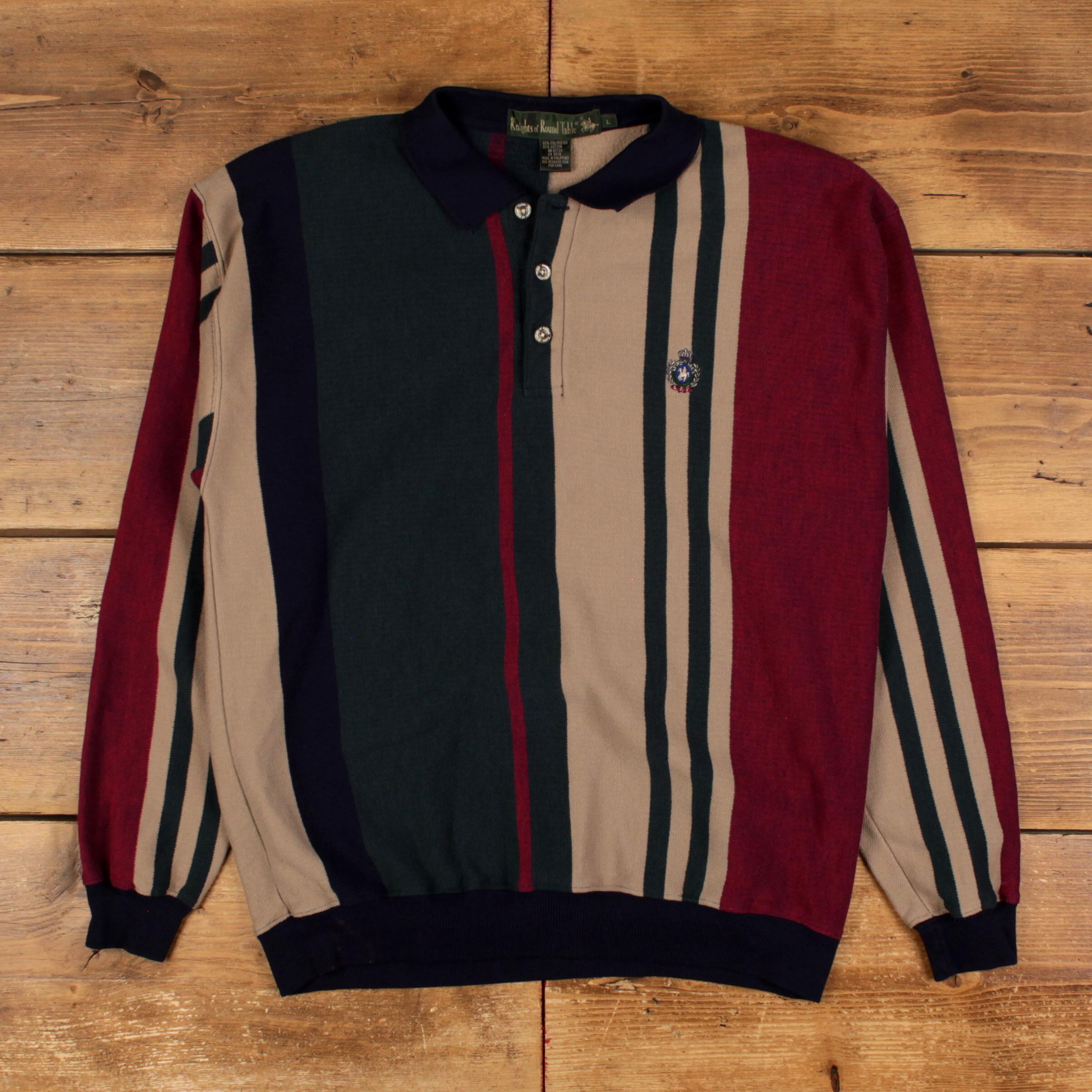 Knights Of Round Table Sweatshirt L Mens Striped Polo Shirt Long Sleeve Red