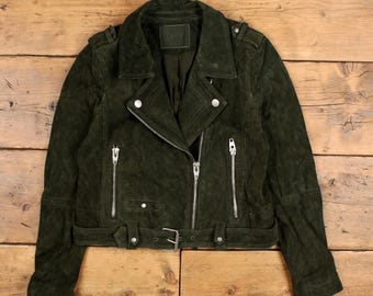 Giacca in pelle vintage Blank NYC L, scamosciata, stile motociclista, verde da donna