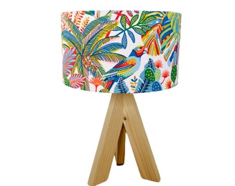 Lampe trépied avec un tissu tropical oiseau toucan palmier