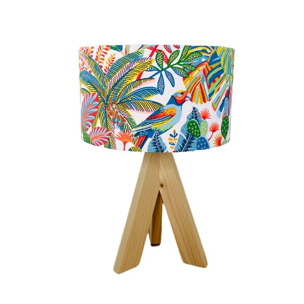 Lampe trépied avec un tissu tropical oiseau toucan palmier