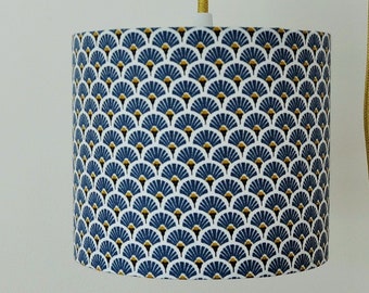 Abat-jour / Suspension - eventail bleu - cylindrique - tambour - moderne - geometrique - lampe - plafonnier - tissu japonnais bleu et or