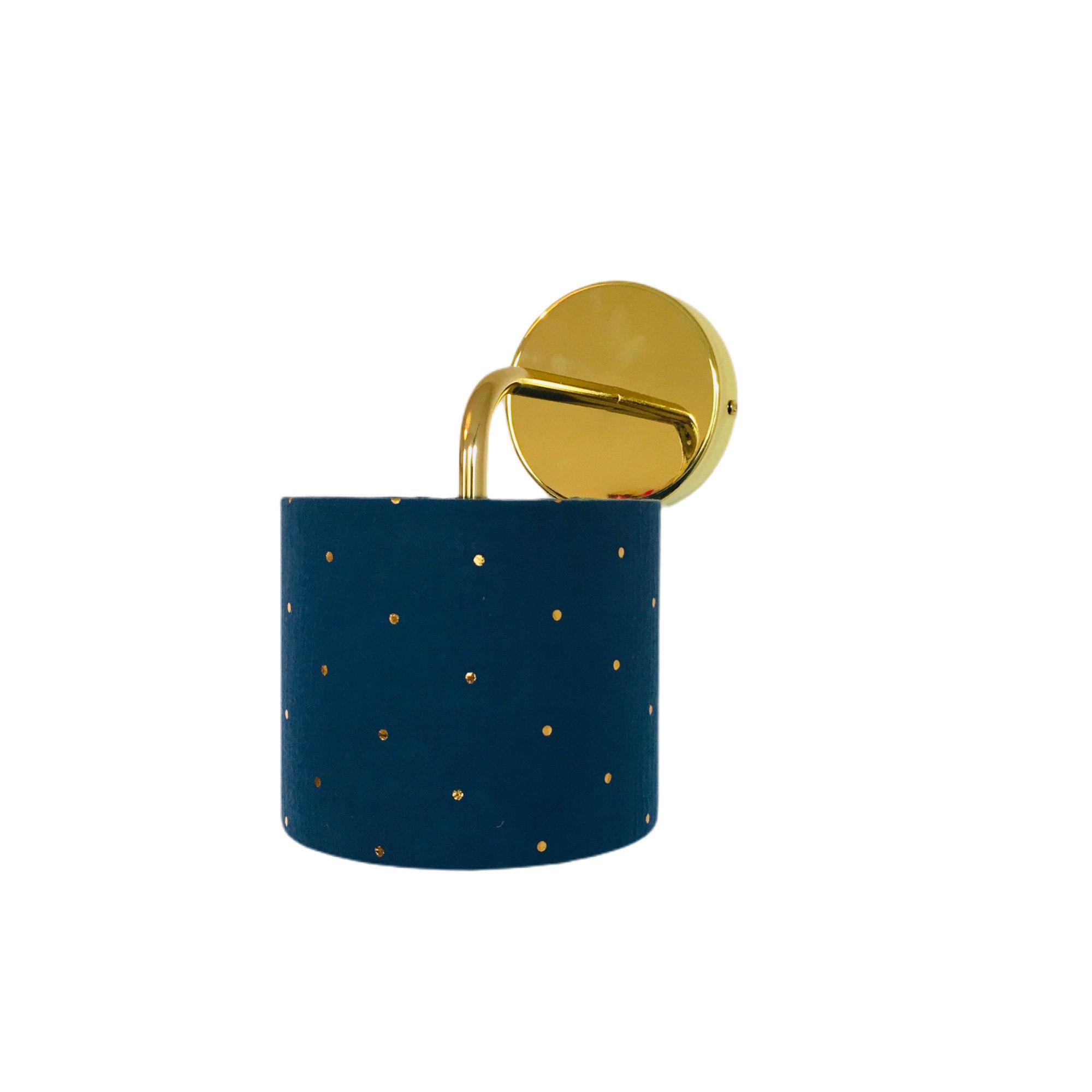 Applique en Métal avec Un Abat-Jour Tissu Double Gaze Bleu à Pois Dorés