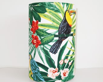 Lampe à poser Exotique moderne et design avec un beau tissu tropical avec feuillage et perroquet