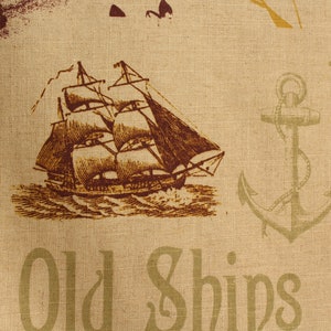 Old World Map Fabric Printed on Canvas for Upholstery & Curtains, Cushions, Postcard Old Ship, Anchor, Vintage Style Fabric, Retro Fabric