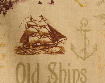 Old World Map Fabric Printed on Canvas for Upholstery & Curtains, Cushions, Postcard Old Ship, Anchor, Vintage Style Fabric, Retro Fabric