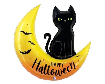 Halloween Black Cat Moon Balloon 41", Spooky Party Decor
