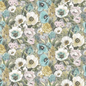 Eden Pastel Fabric from Edinburgh Weavers, Linen and Cotton Fabric, Fabric by Meter, Floral Botanical Fabric in Pastel Blue & Pink