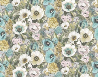 Eden Pastel Fabric from Edinburgh Weavers, Linen and Cotton Fabric, Fabric by Meter, Floral Botanical Fabric in Pastel Blue & Pink