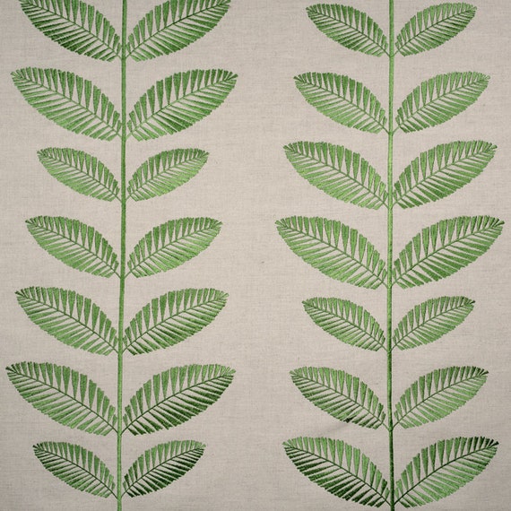 Embroidered Green Leaves Fabric from FIBRE NATURELLE, Cotton and Linen Fabric for Upholstery, Botanical Fabric, Green Tree Leaves Fabric