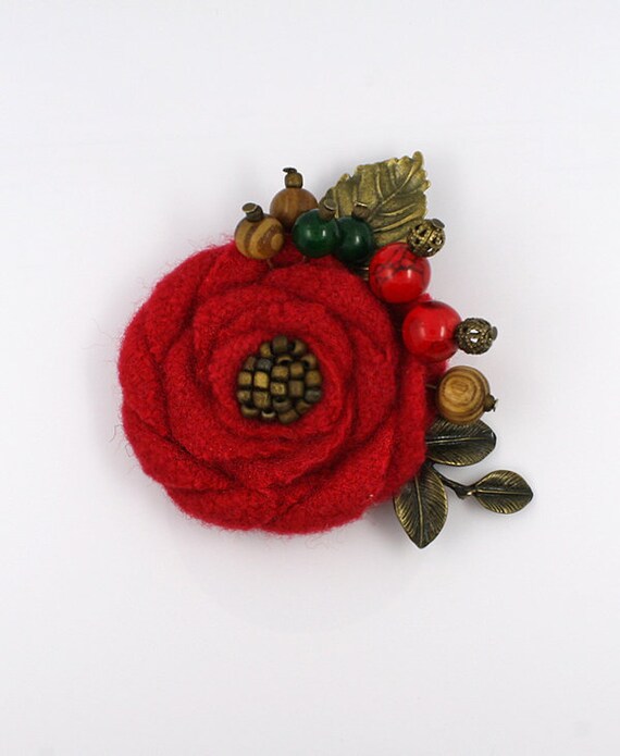 Red Felted Wool Flower with Beaded Center Brooch Pin
