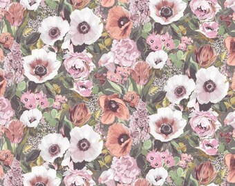 Eden Coral Fabric from Edinburgh Weavers, Linen and Cotton Fabric, Fabric by Meter, Floral Botanical Fabric in Coral & Pink