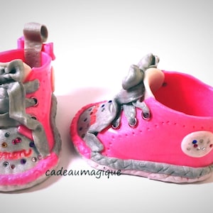 baby girl shoes fushia and gray in fimo: personalized birth gift image 1