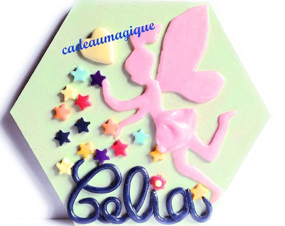 wooden frame - figurine fimo - fee - wall decoration - decoration children's room
