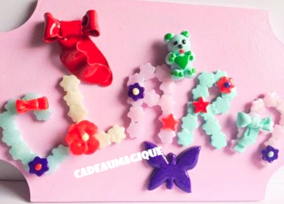 pink wood frame décor first name, bear butterflies in fimo: deco child room