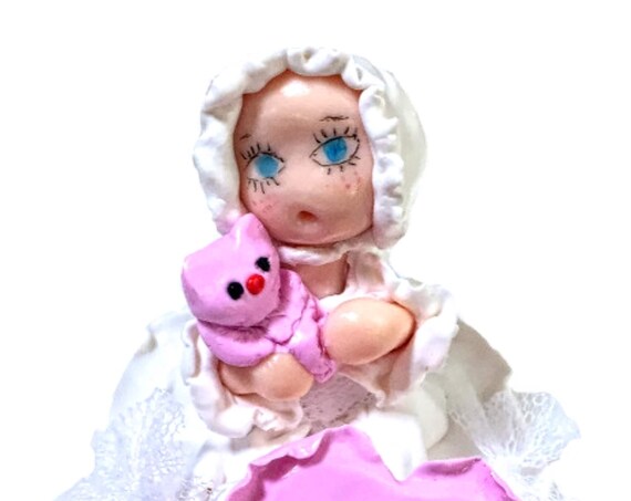 stern fimo - white dress - pink teddy bear - deco room bebe girl