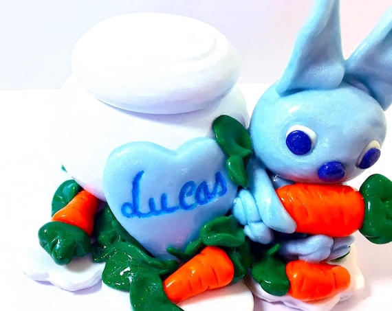fimo figurine - adorable blue rabbit and wooden box carrot - personalized birth gift