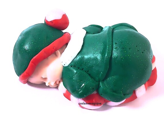 Miniature baby - green elf and red fimo figurine - pregnancy ad