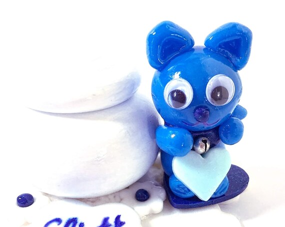 figurine fimo cat collar turquoise cat - wooden box - gift birth personalizes