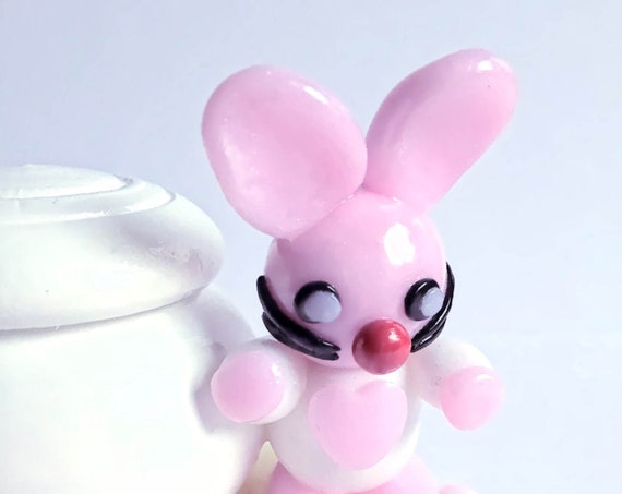 Round wood box with fimo pink rabbit: personalized baby child gift idea