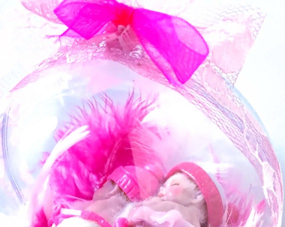 mobile baby ball, pink feathers in fimo: gift birth personalized twins
