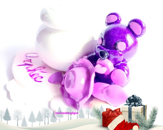 fimo figurine - lavender kawaii bear - wooden box - bebe gift personalizes