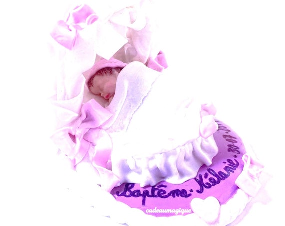 newborn in cradle on fimo pedestal: personalized baby gift